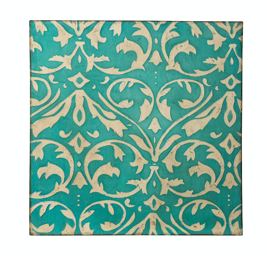 Teal Damask Trefoil Wall Art - Distressed Teal/Ivory 425A50