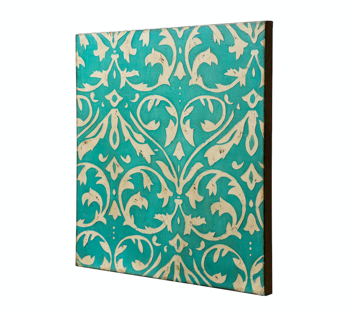 Teal Damask Trefoil Wall Art - Distressed Teal/Ivory 425A50