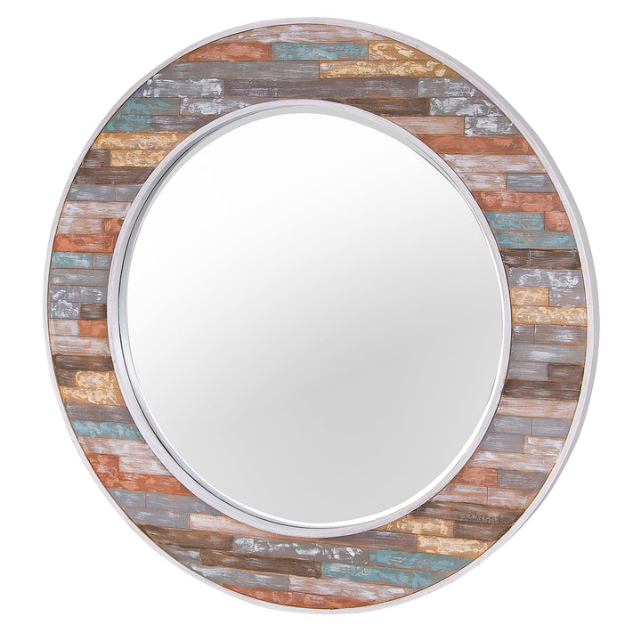 Colorful Waxed Plank Large Circular Wood Mirror - 613101