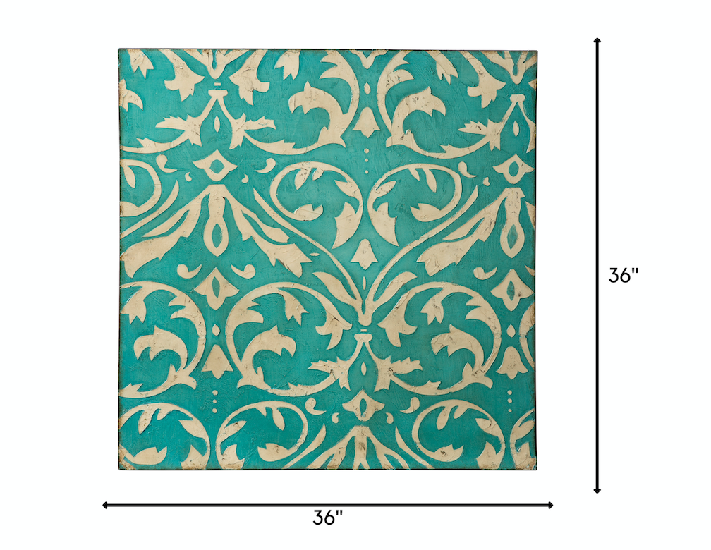 Teal Damask Trefoil Wall Art - Distressed Teal/Ivory 425A50